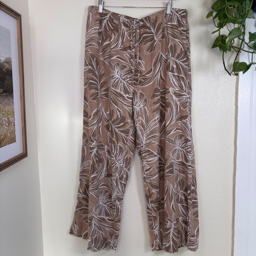 Nine West linen blend brown beach pants flowy palazzo pockets XL tropical leaves